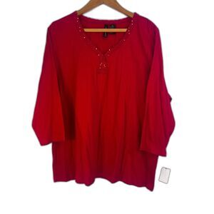Jason Maxwell NWT Red Cotton Wood Beaded Collar Top‎ Plus Size 2X